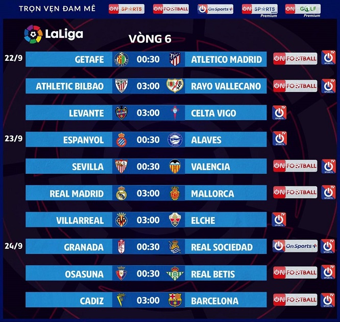 Lịch trực tiếp La Liga 2021/22 vòng 6 từ ngày 22-24/09