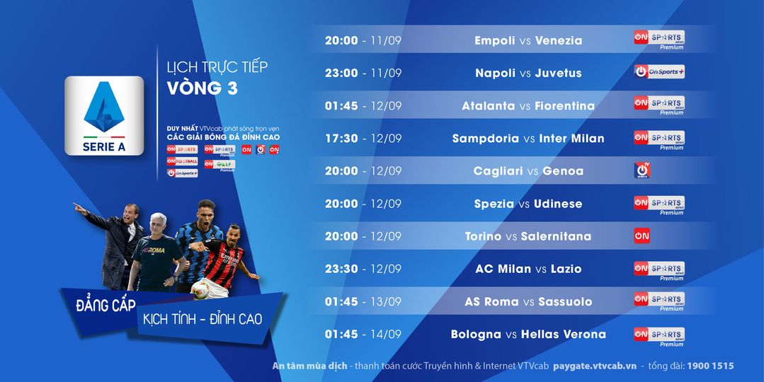 Lịch trực tiếp Serie A 2021/22 vòng 3 từ ngày 11-12/09