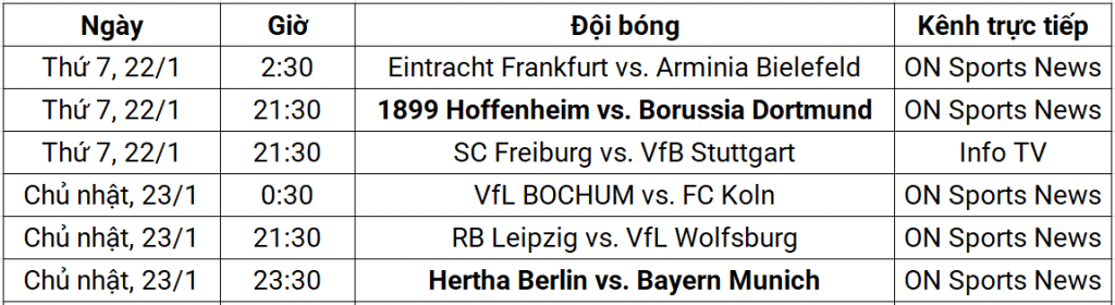 Lịch thi đấu và kênh trực tiếp Bundesliga từ ngày 22-23/1