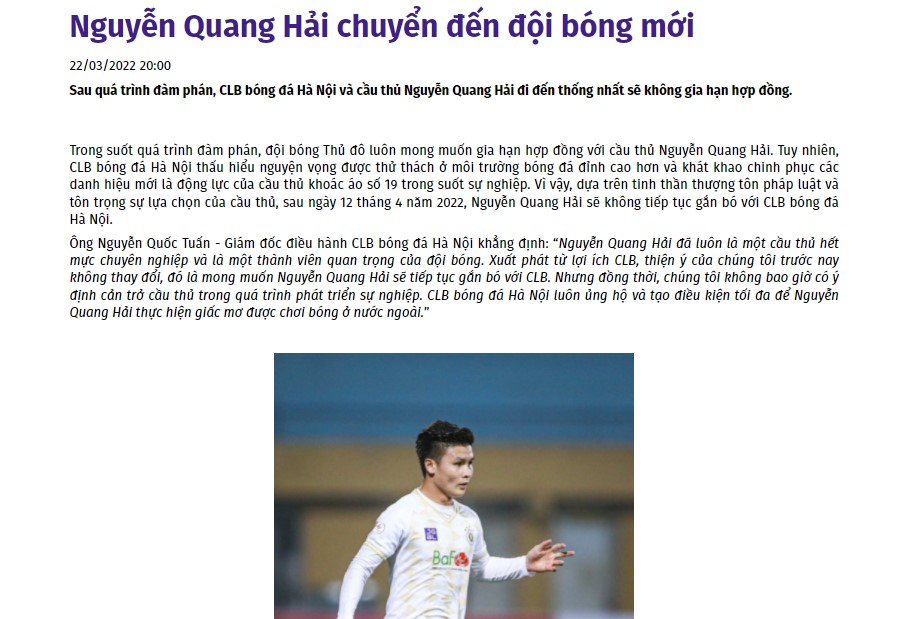 Trang chủ Hà Nội FC đăng bài chia tay Quang Hải