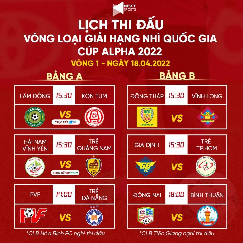 Lịch thi đấu và trực tiếp vòng loại Hạng Nhì Quốc gia Cúp Alpha 2022