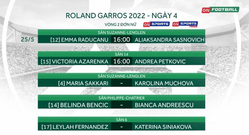 Lịch thi đấu và kênh trực tiếp Emma Raducanu và Aliaksandra Sasnovich, vòng 2 đơn nữ Roland Garros