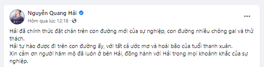 Quang Hải chia sẻ trên trang cá nhân của mình về việc chuyển sang thi đấu cho CLB Pau
