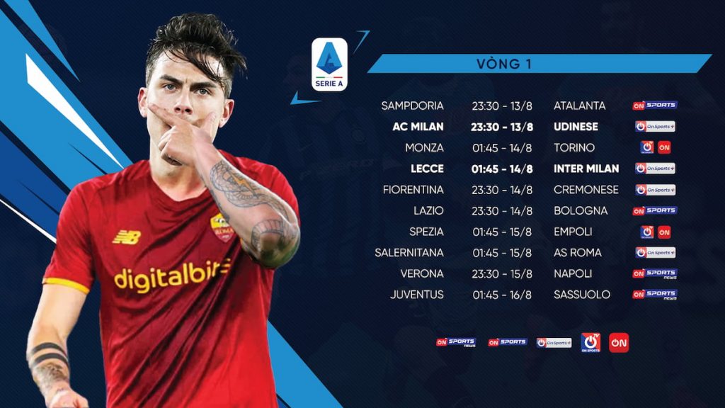 Lịch thi đấu và kênh trực tiếp bóng đá Ý - Serie A vòng 1 trên VTVcab ON