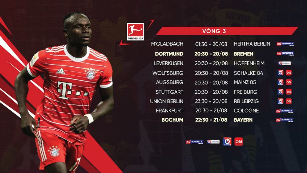 Lịch thi đấu, kênh trực tiếp, link xem các trận đấu Bundesliga vòng 3